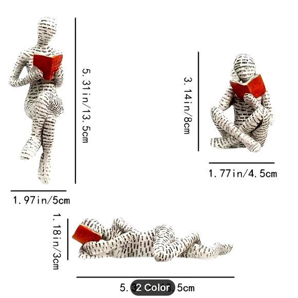 Reading Woman Sculptures Shelf Sitting 3 pcs Set Brown - Picture 3 of 4